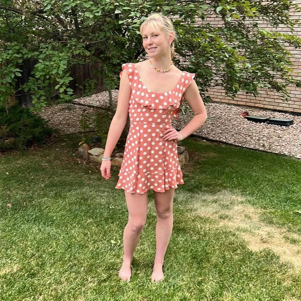 Reformation Coral Polka Dot Flounce Dress - Size 2_7